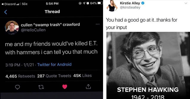 wtf tweets - unhinged people -  stephen hawkins death -  et