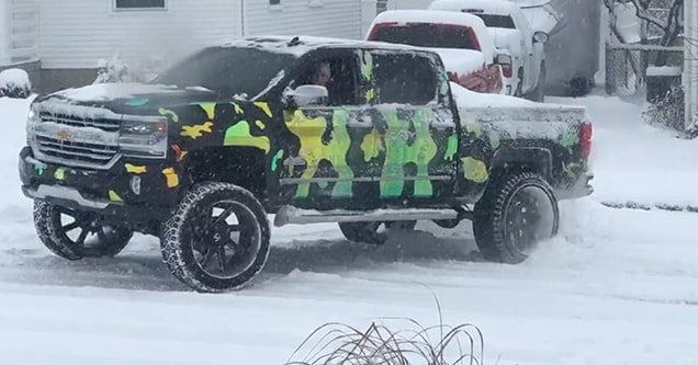 huge truck stuck on ice