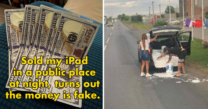 people having a bad day - paint spill in car -  fake money