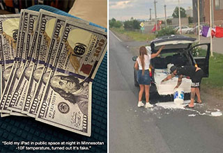people having a bad day - paint spill in car -  fake money