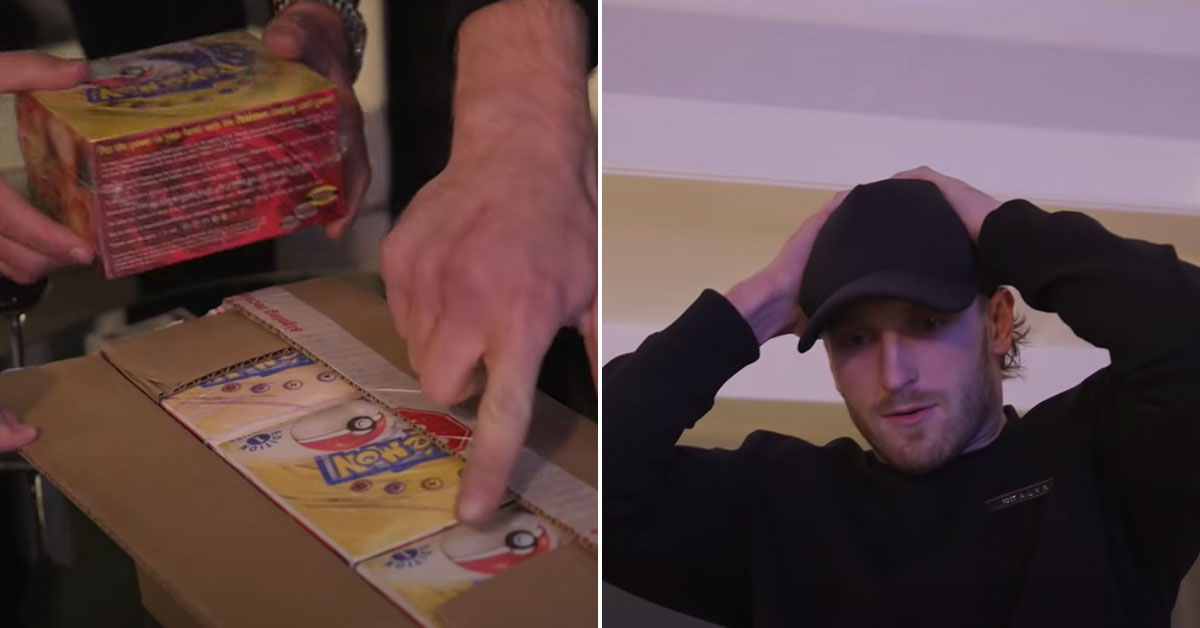 Logan Paul opens up a box of fake pokemon cards
