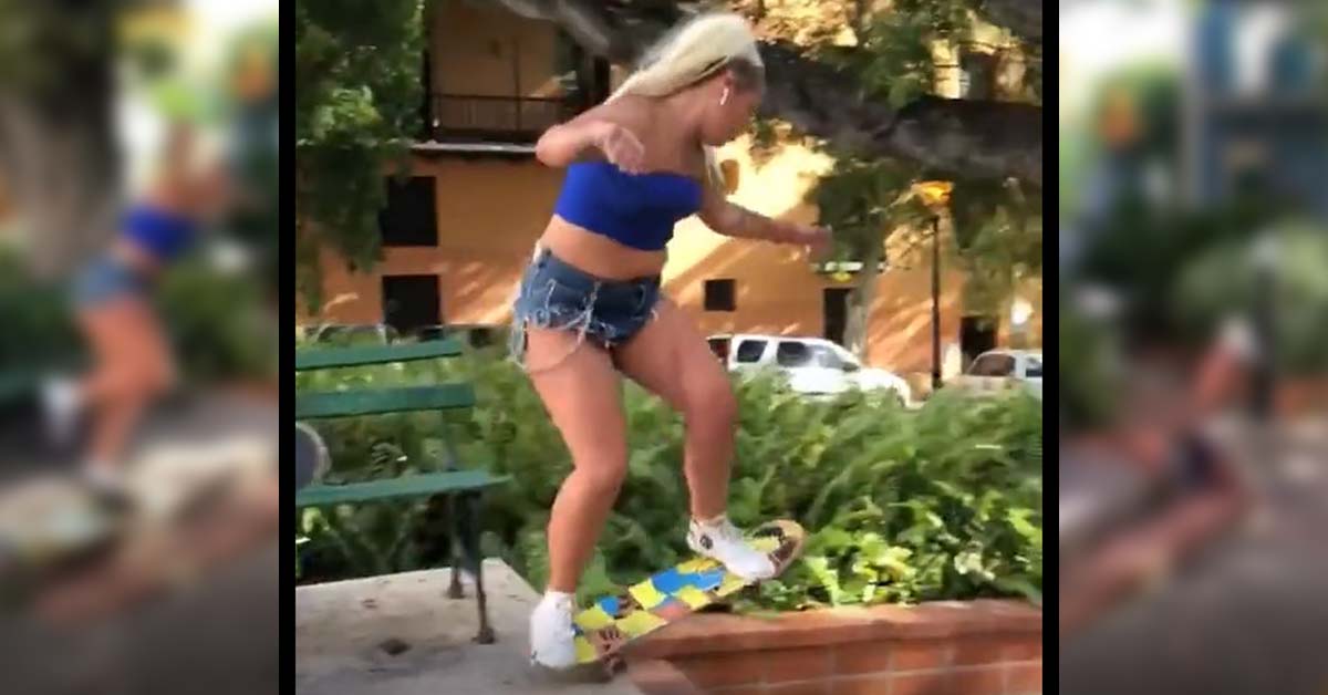 a blonde girl on a skateboard jumping