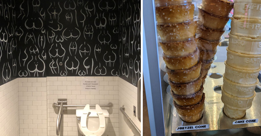 butt bathroom and pretzel cones