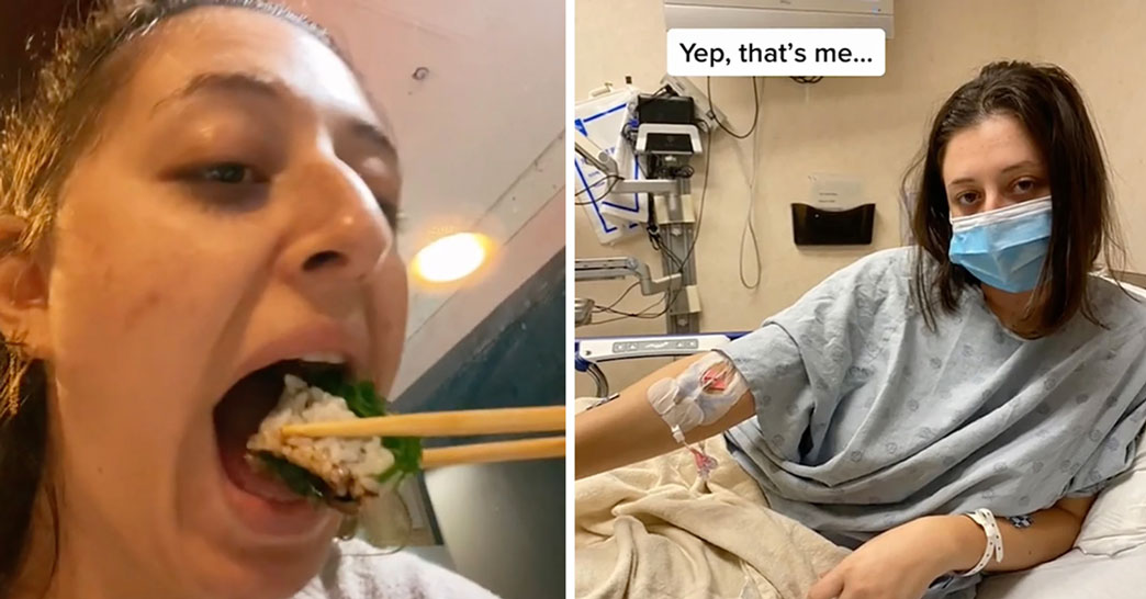 Danielle Shapiro eating sushi and sitting in a hospital bed