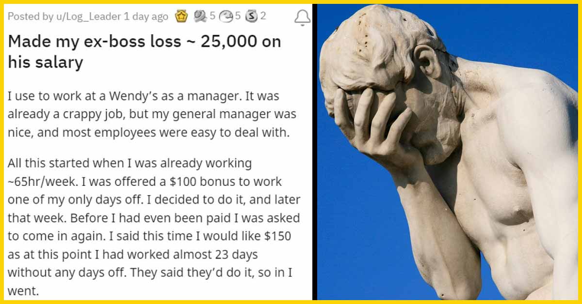 a thumbnail with a statue face palming and text about a horrible boss