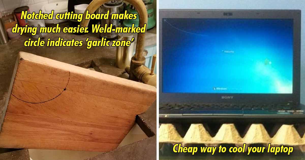 sink - Notched cutting board makes drying much easier. Weld-marked circle indicates ‘garlic zone’ | hacks to keep laptop cool - Anow A cheap way to cool down your laptop