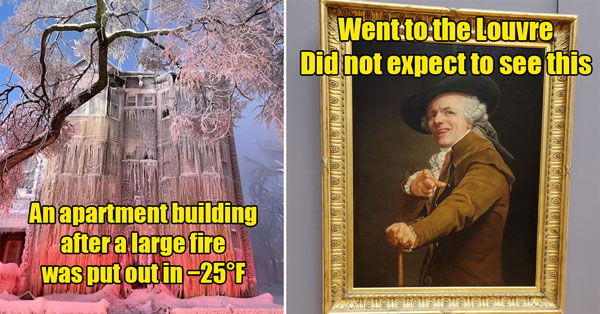 funny painting at the Louvre -  house covered in ice after fire