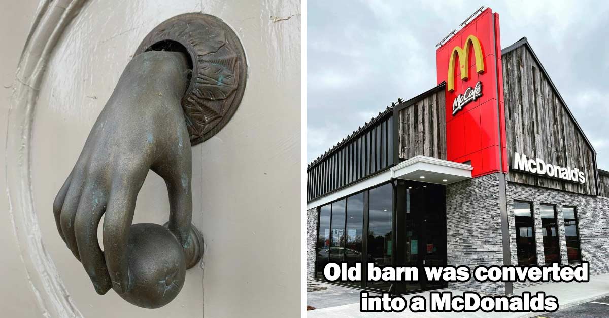 a door knocker with hand, and a barn converted to mcdonalds