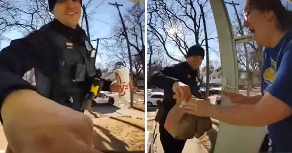 Sioux Falls Police Officer Sam Buhr makes a DoorDash delivery to local resident after arresting delivery driver