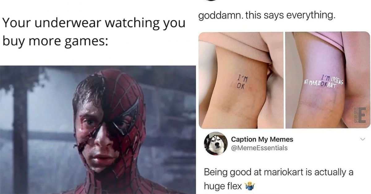 funny gaming memes -  spider man -  mario kart tattoo