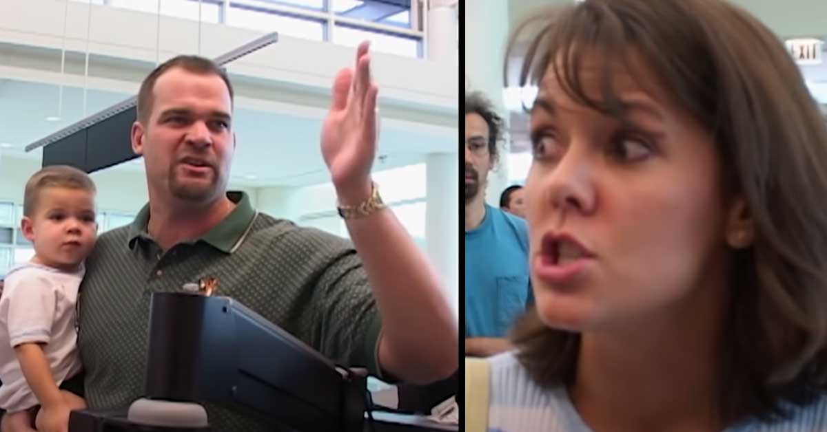 a man with a child yelling at airline employees