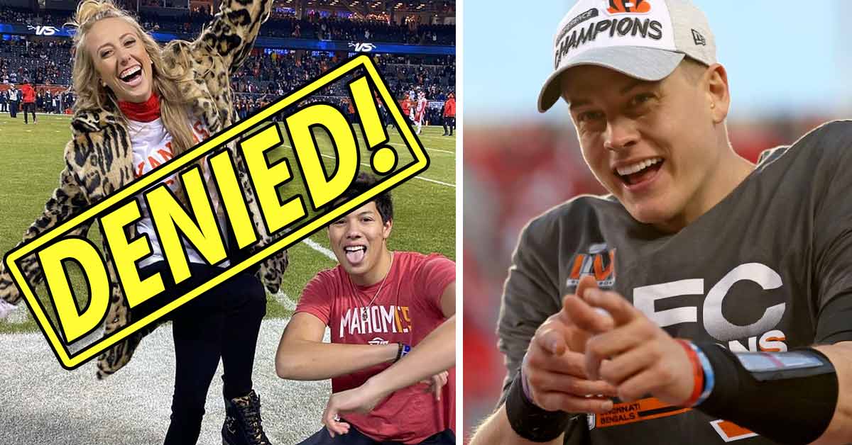 Brittany Matthews and Jackson Mahomes posing on field, text overlay saying DENIED | Joe Burrow finger guns