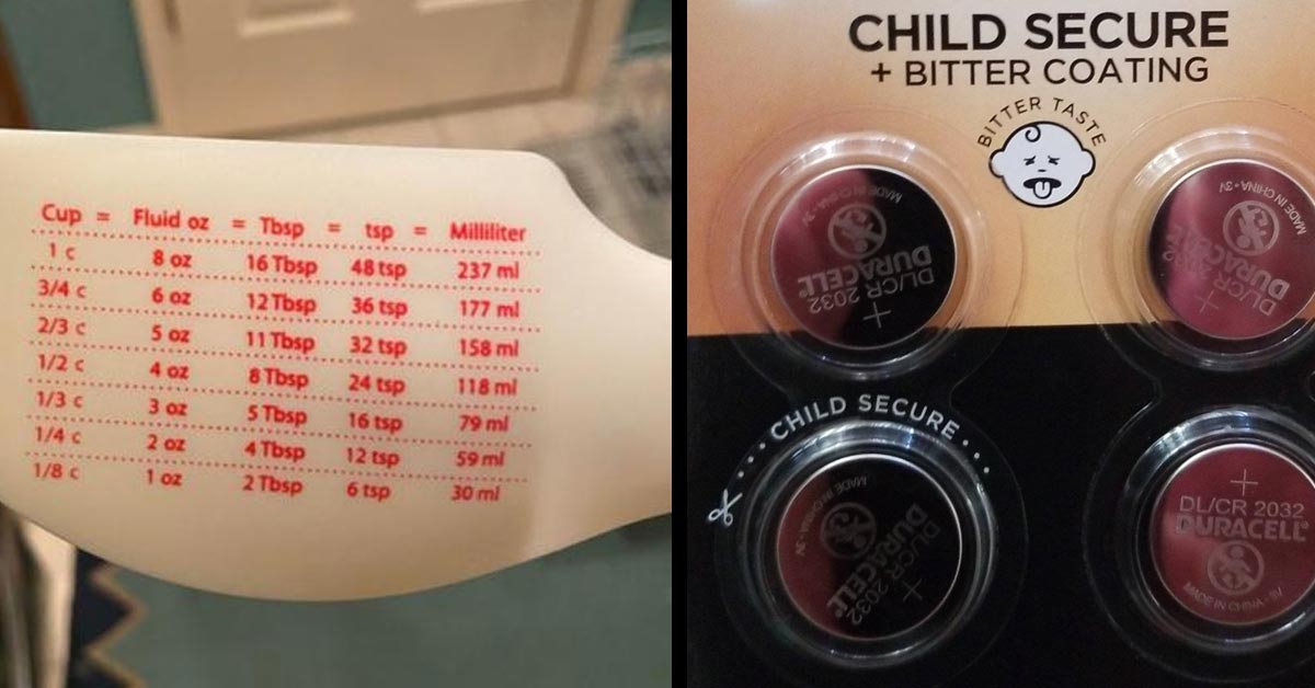 a measuring cup with conversions printed on it and child safe battery packs