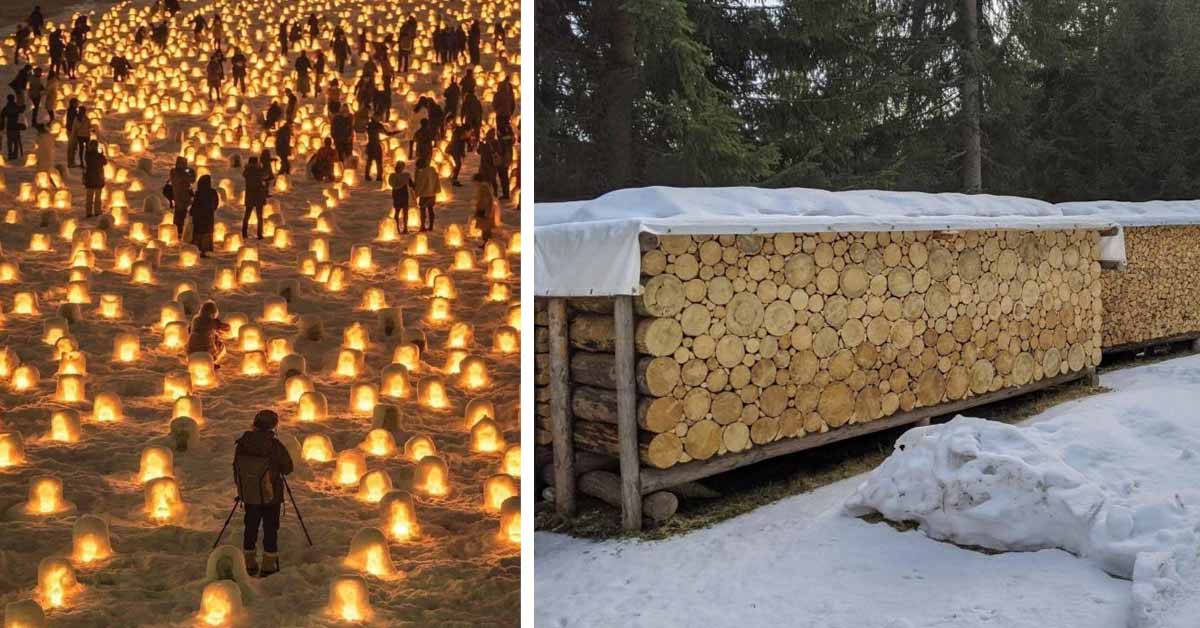 huge field of glowing snow lanterns and perfectly stacked piles of wood