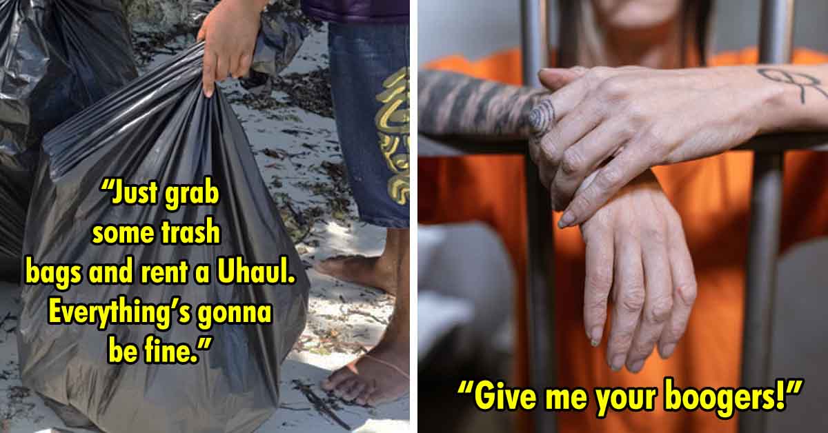 trash bag with scary quote, inmate leaning on cell door