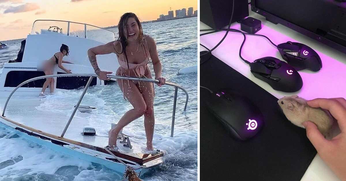 two girls on a sinking boat and a guy using a mouse as a computer mouse