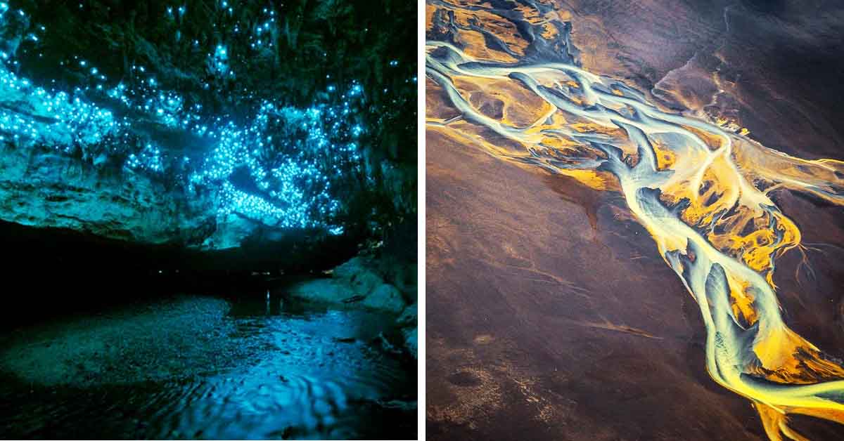 New Zealand cave lit by glow worms, braided riber top view