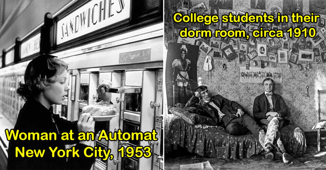 black and white photos -  college students in their dorm room circa 1910 - woman at an automat in NYC in 1953