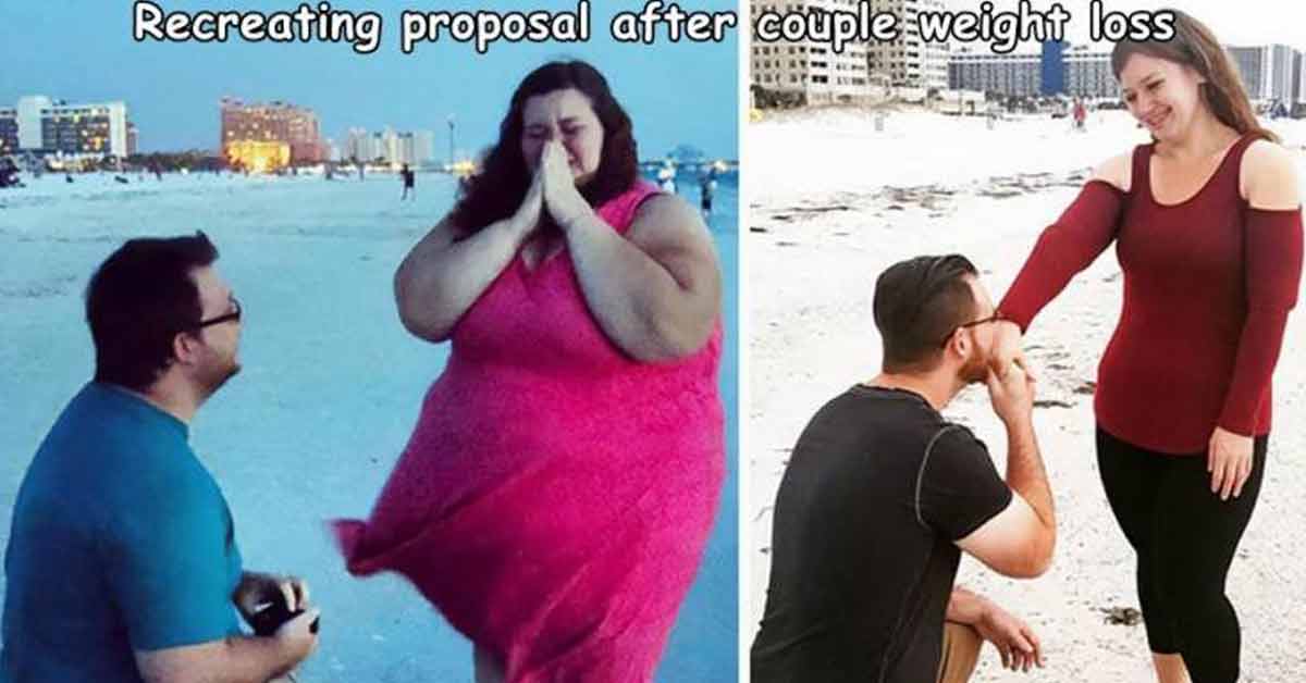 a before and after photo of a couple's weight loss journey