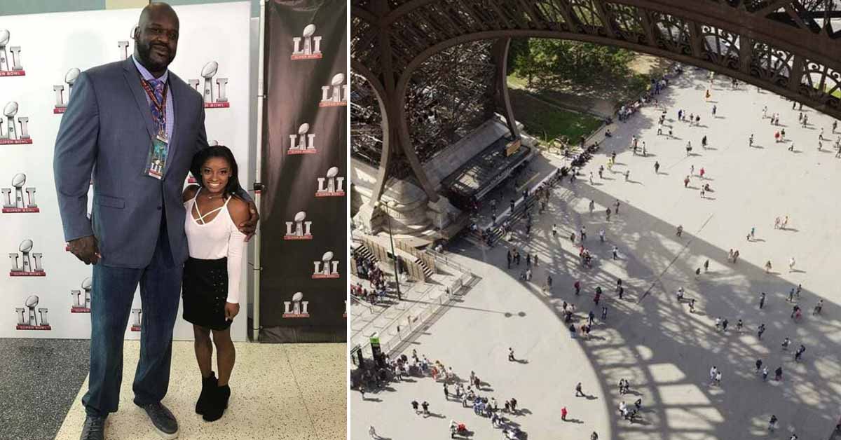 shaq next to simone biles and the Eiffel tower from above