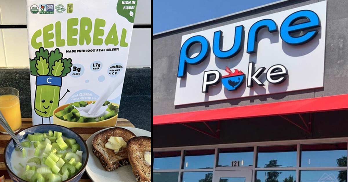 a box of celery cereal and a sign that looks like pure puke instead of pure poke