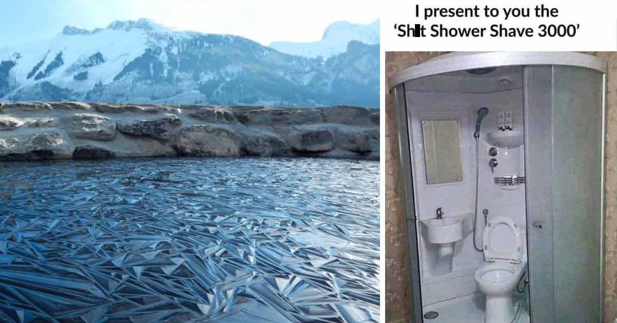 a frozen ice lake with cool patterns and a toilet sink shower in one device.