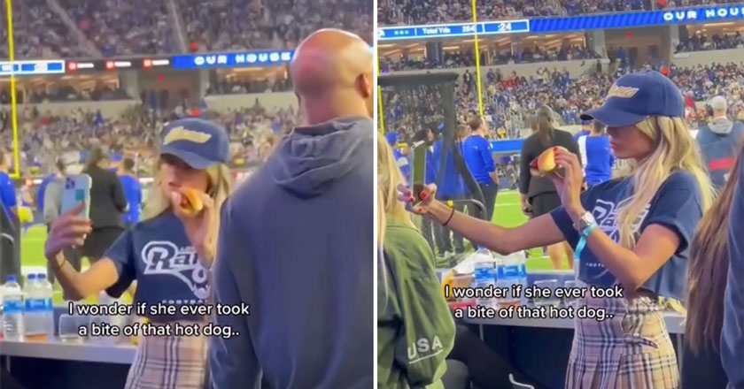 influencer takes a selfie with a hotdog while sideline at the super bowl