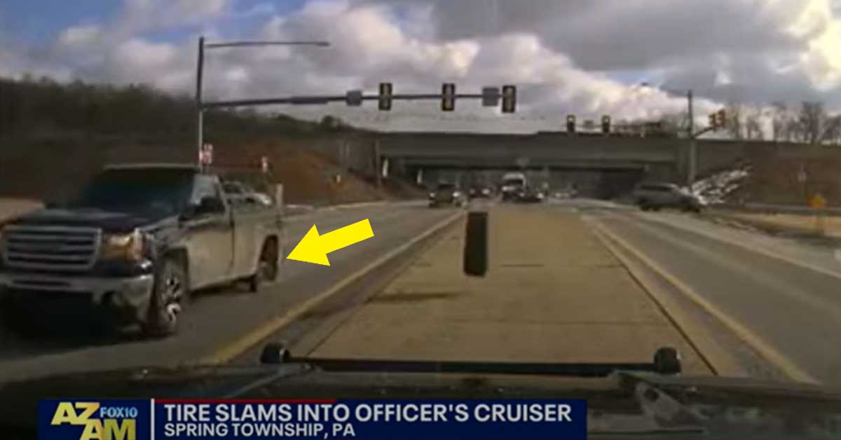 a tire that came off a truck and hit a cop car windshield