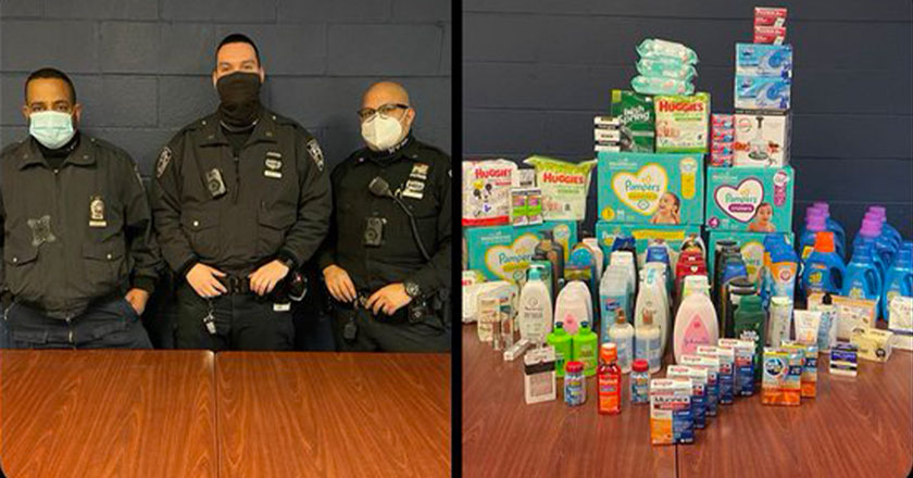 NYPD posses with seized diapers and formula