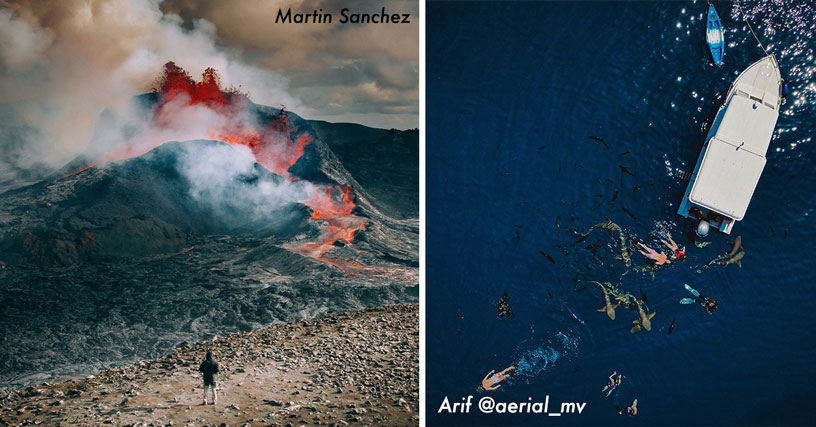 volcano and ocean shots taken by drone