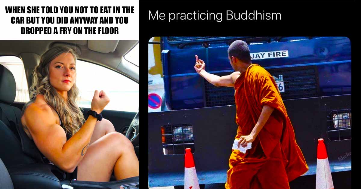 muscular woman meme, buddhist monk middle finger meme