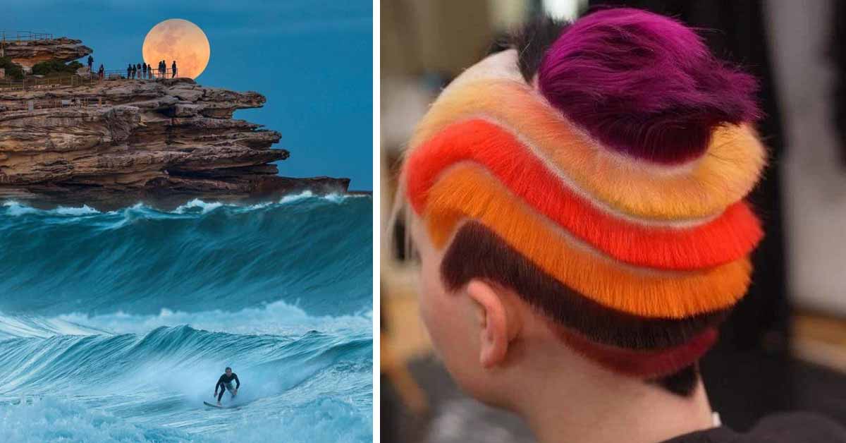 a surfer in front of a huge full moon and a cool haircut