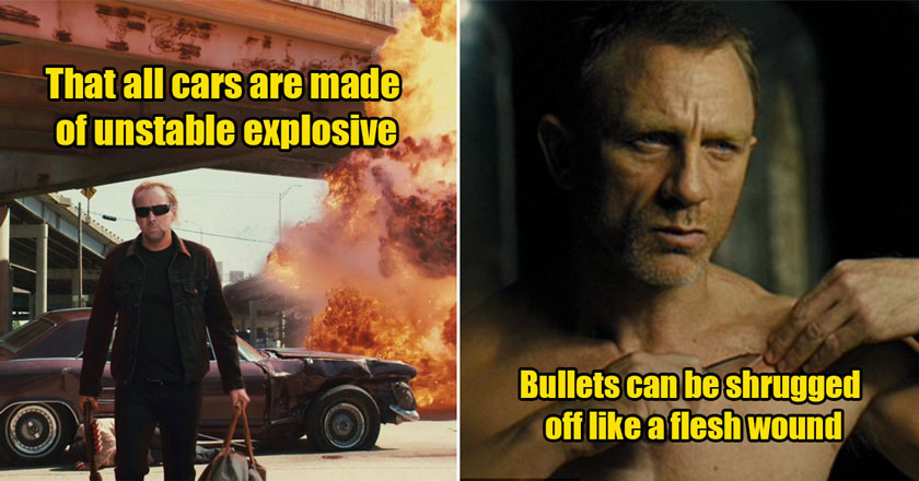 hollywood lies -  cars are made of explosives  -  bullet wounds can be dealt with on your own