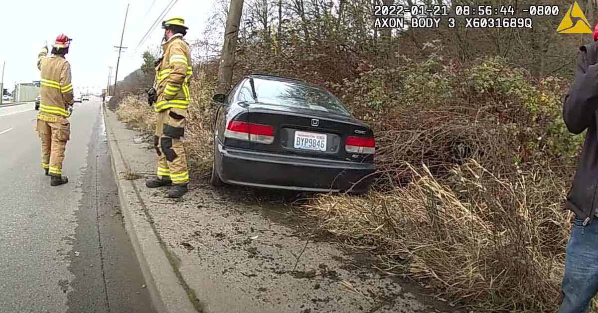 firemen at the scene of a crash of a stolen car