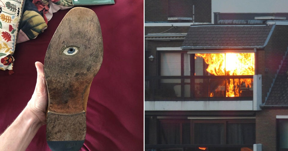 fun pics to make you double take -  eye in the sole of a shoe -  house looks like its on fire