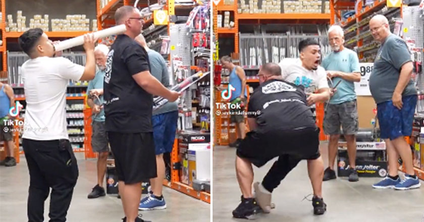 kid gets slammed for playing prank on random dude in home depot