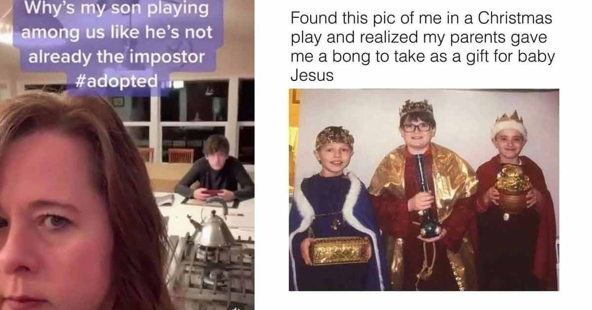 a funny meme about being adopted and kids holding a bong at christmas