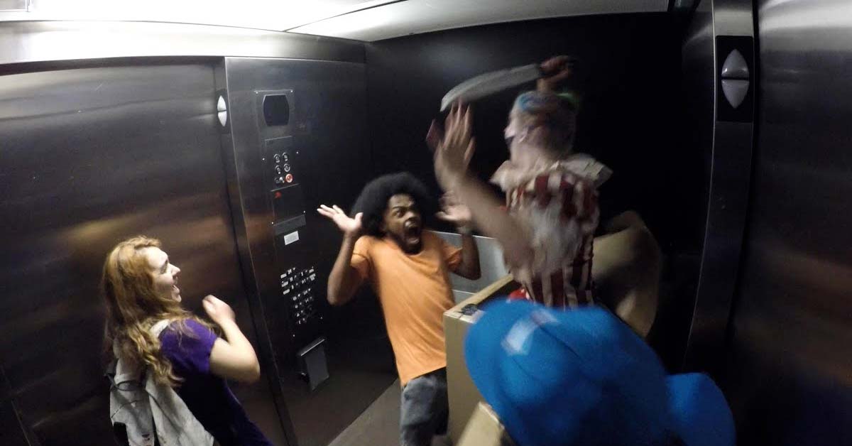 people on an elevator with a killer clown