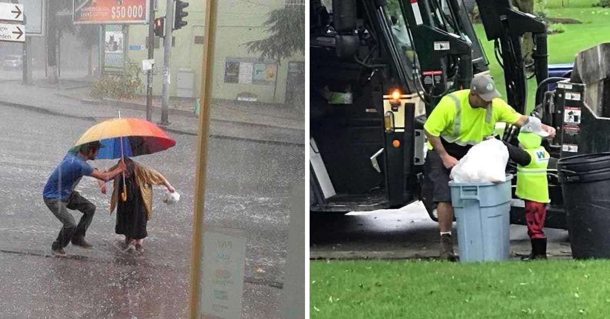 a man helping an old lady in the rain