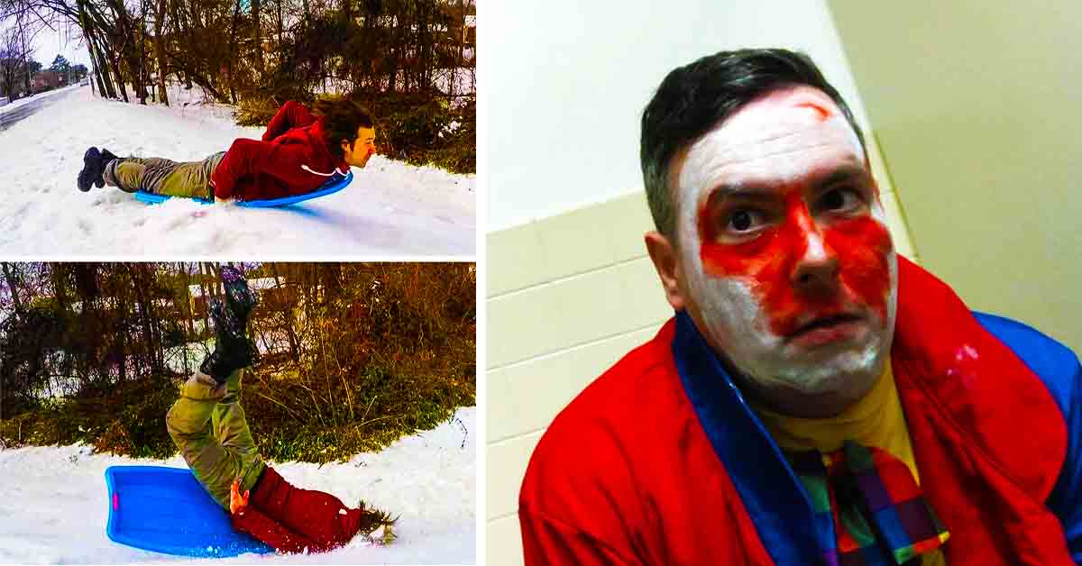 faceplant on sled, permanent clown paint