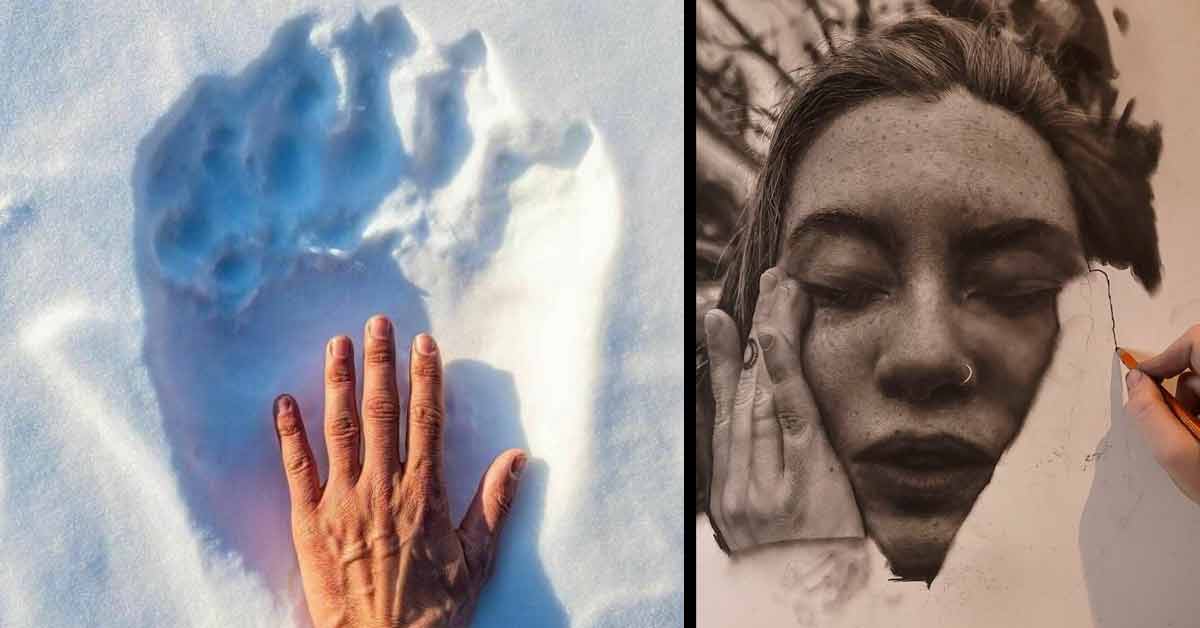 a polar bear paw print in the snow and a human hand for scale