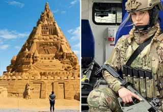 a giant pyramid sand sculpture and a female solider