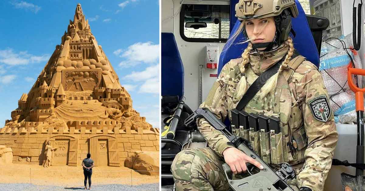 a giant pyramid sand sculpture and a female solider