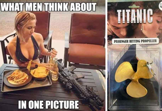 a photo with a gir food beer and guns and text about what men think about