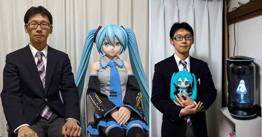 Japanese man with a doll version of his holographic wife