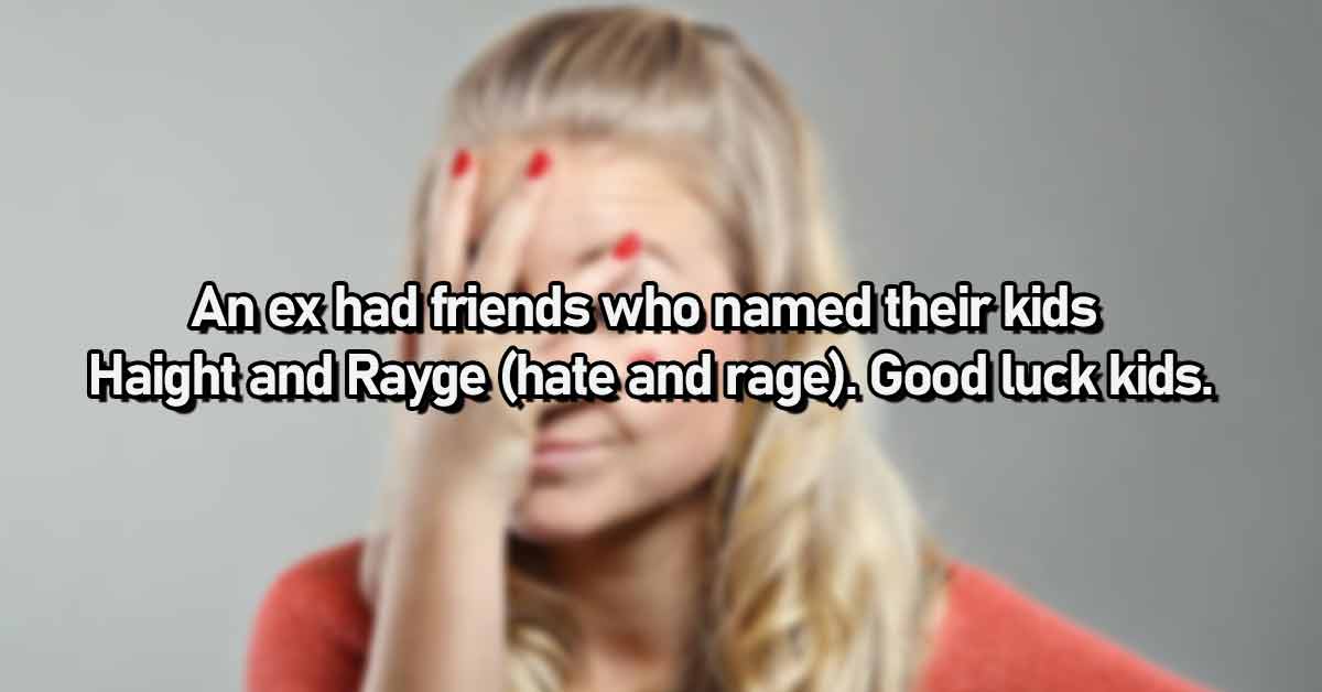 a woman facepalming with text about dumb names for kids