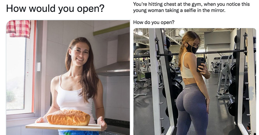 how would you open -  woman holding a loaf of bread in the kitchen - woman posing in the gym mirror