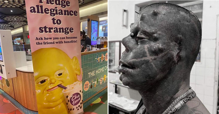 man with body mods and an entire face painted black - weird as monster on a sign