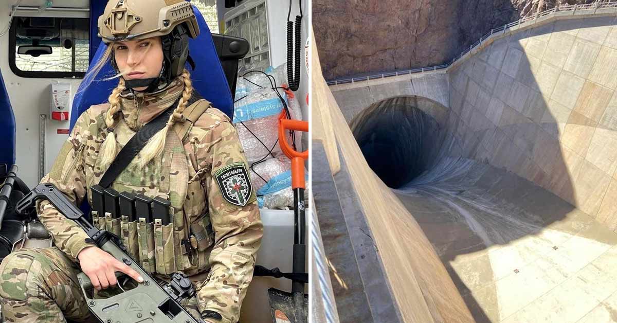 a female soldier and a drain at hoover dam