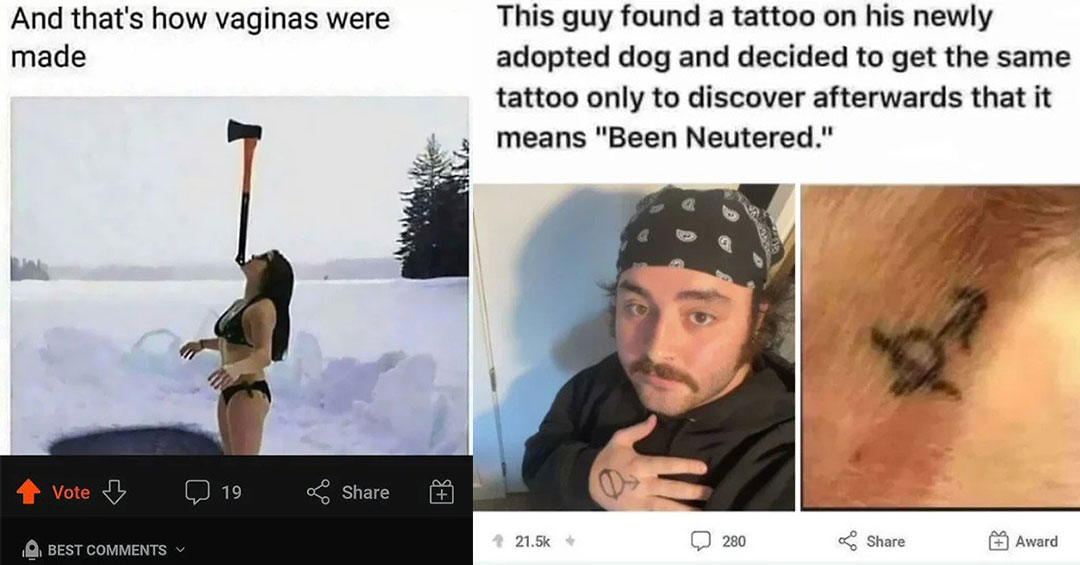 funny comments and comebacks - man gets a been neutered tattoo  - and that's how vaginas were made